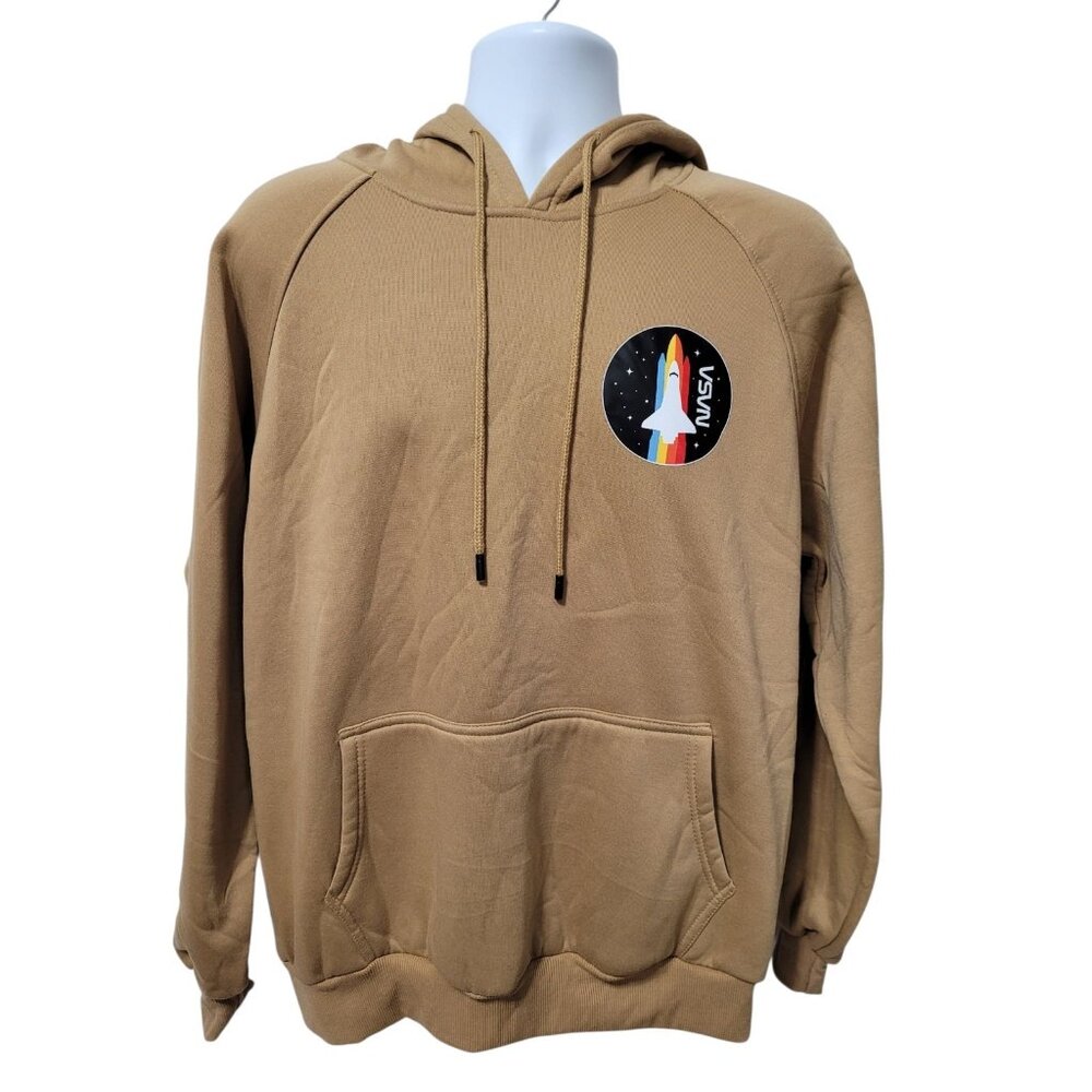 Mens NASA Hoodie Sweatshirt Brown L Relaxed Rocket Skater Surfer Pocket